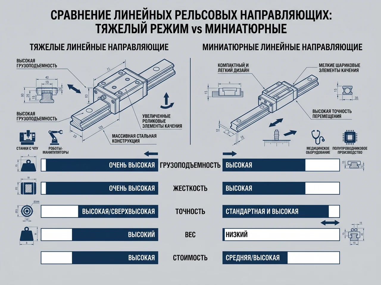 Сравнение характеристик направляющих Schneeberger MONORAIL и MINIRAIL для авиастроения