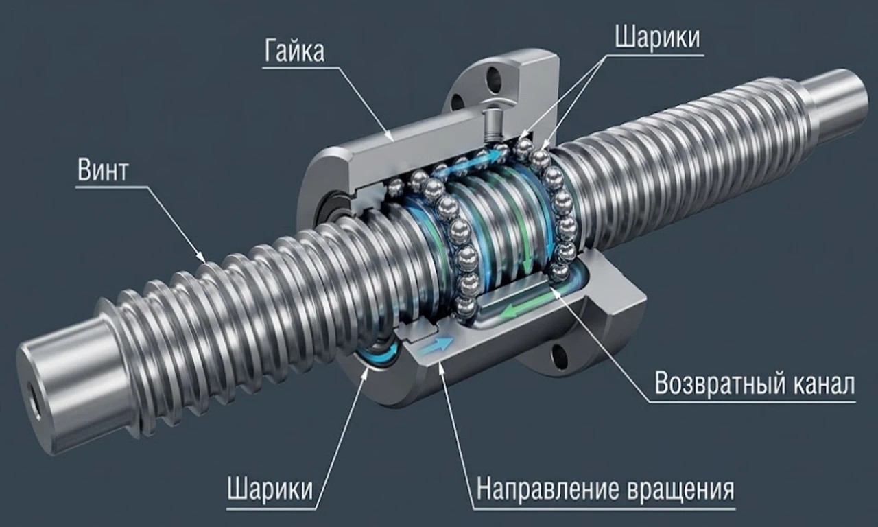 Схема работы гайки и циркуляции шариков в ШВП
