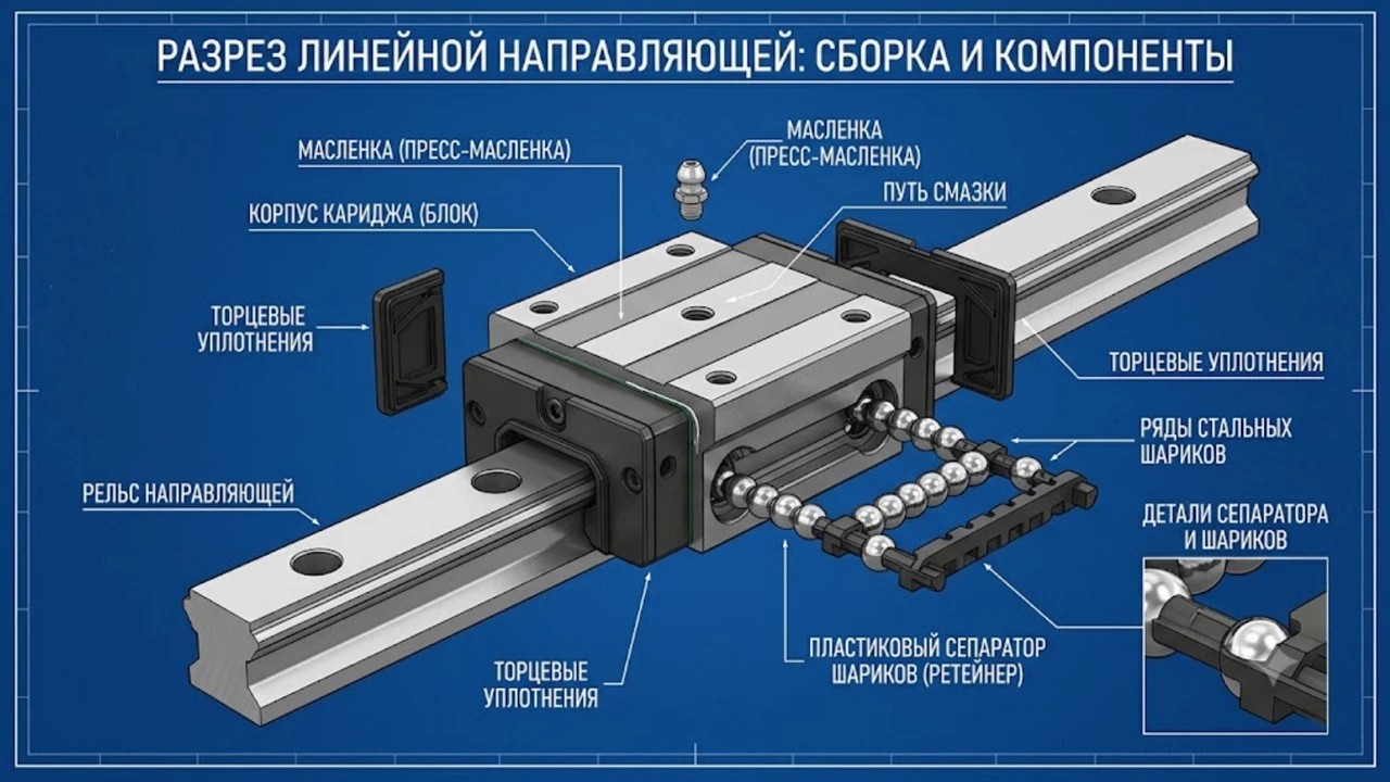 Инфографика устройства профильной рельсовой направляющей и каретки PMI.