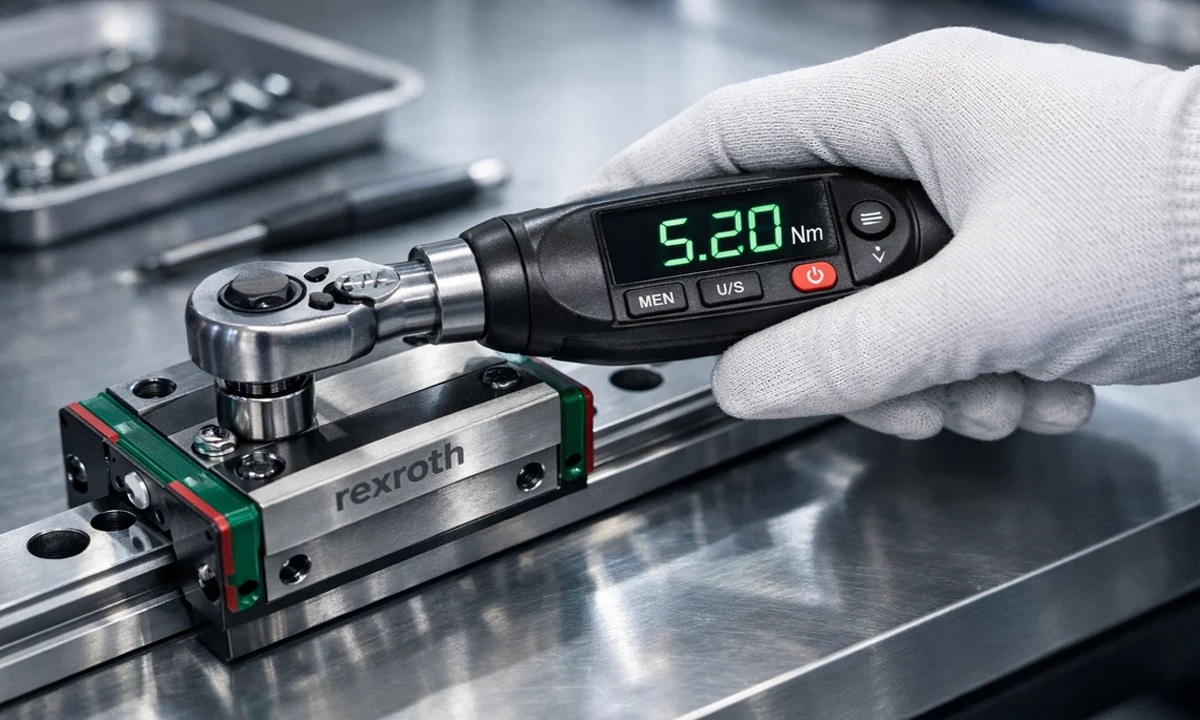 Затяжка винтов рельса Bosch Rexroth динамометрическим ключом